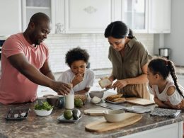 family making breakfast in the kitchen